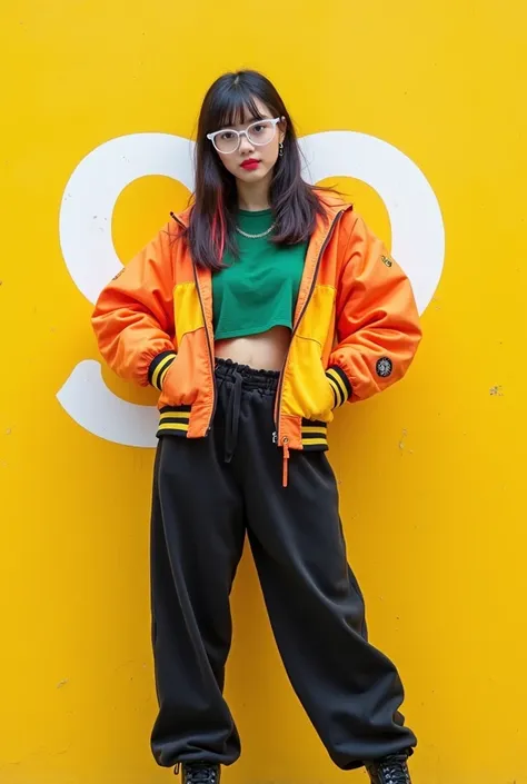 Portrait of an 18-year-old Asian girl with short hair, doing multicolored hair, wearing glasses, white glasses, standing in front of a wall on a bright yellow background with the text: "go" WRITTEN IN BOLD WHITE LETTERS, SHE WORE A COLORFUL JACKET HIGHLIGH...