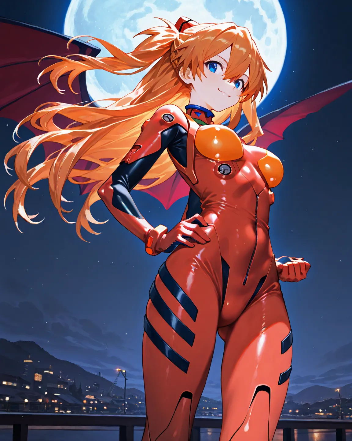    masterpiece, high quality、  vibrant, very aesthetic,     latest,  
medium breasts,  Neon Genesis Evangelion、       woman 1 person、 、Su Long Aska Langley 、 orange hair、     blue eyes、   red big horn、Very big red wings、  red plug suit、  mechanical fox ear...