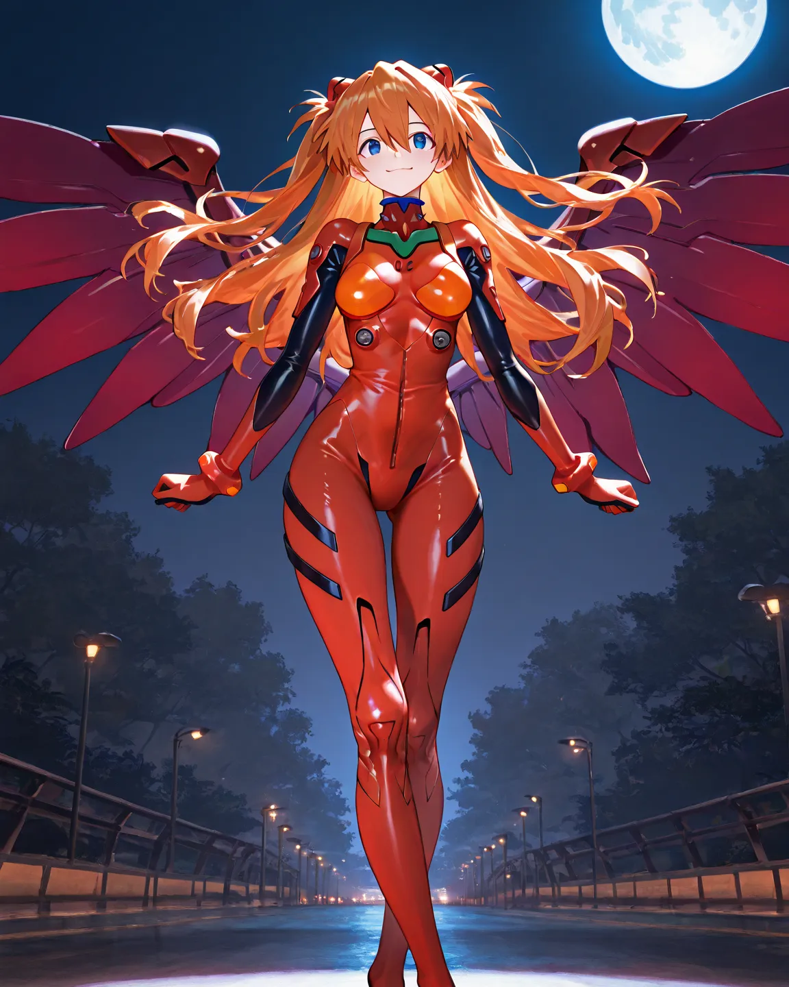    masterpiece, high quality、  vibrant, very aesthetic,     latest,  
medium breasts,  Neon Genesis Evangelion、       woman 1 person、 、Su Long Aska Langley 、 orange hair、     blue eyes、   red big horn、Very big red wings、  red plug suit、  mechanical fox ear...