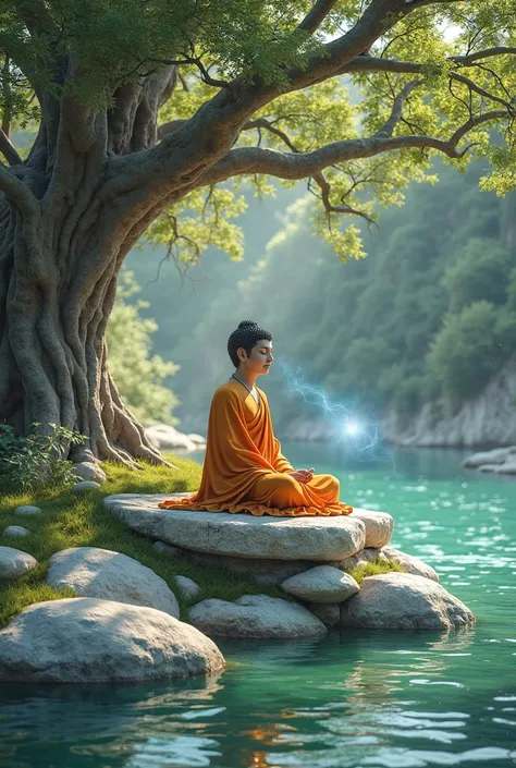 Lord buddha in orange dress sitting on rock  under big tree and its roots touching river, green bright water river,white  rocks  , green grass, sunlight on buddha and blue light shining 