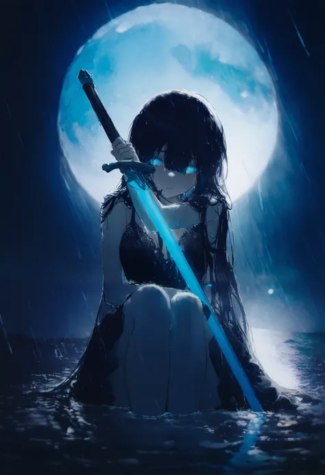 1gir, longhair, shinyhair, straighthair, black hair, blunt, hairs, hime-cuts,blue eye's blue glowing eyes, in the dark, she is wearing a black lace slip dress, outdoor, night, heavy rain, wet hair, wet face, holding sword, sitting in water, blue moon, mast...