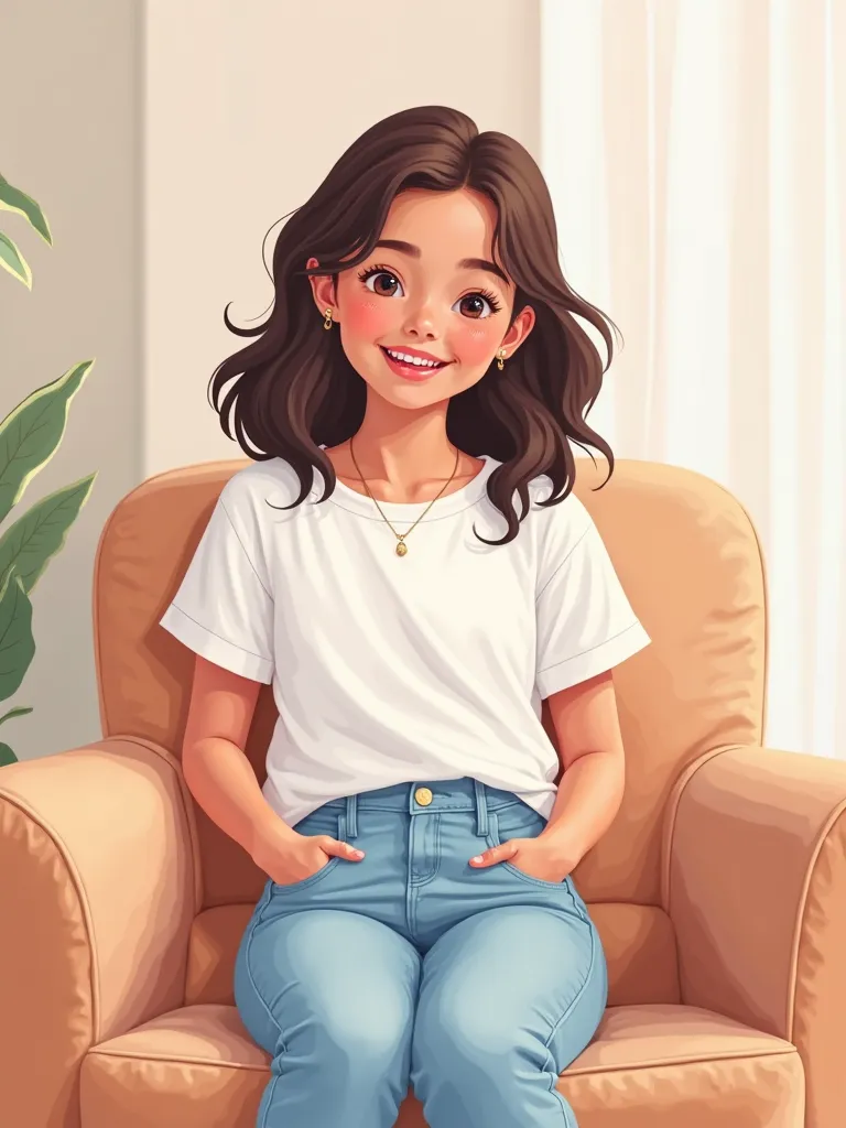 A cheerful young girl sitting on a cozy chair with a relaxed pose, wearing a white shirt and light blue denim pants. She has shoulder-length wavy hair and a warm smile. The background features a soft, modern aesthetic with light pastel colors. The vector a...