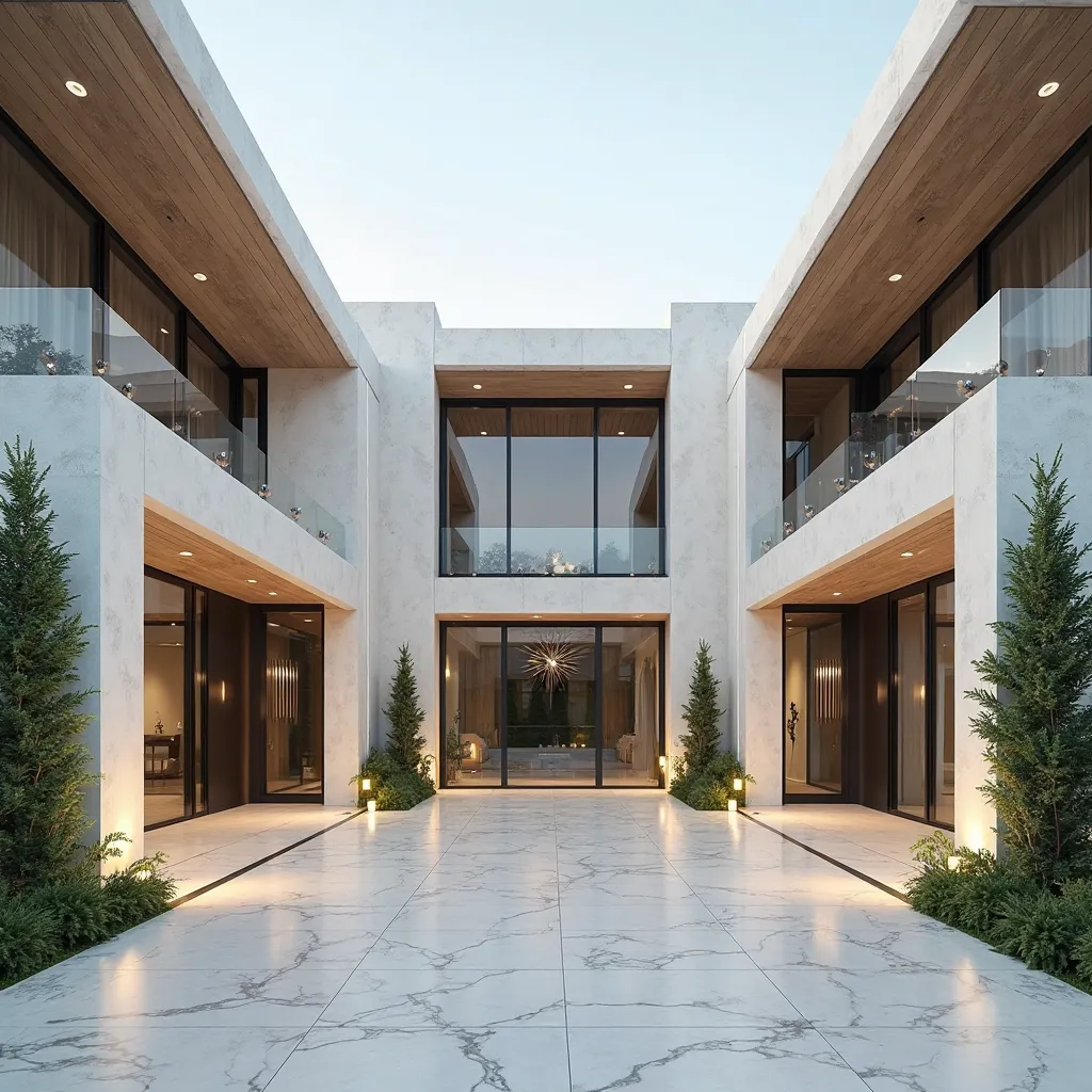 Modern European style villa、Single building、front、entrance doors on the left and right sides are two stories high、Large doors and windows on the left and right sides、bright light marble tiles