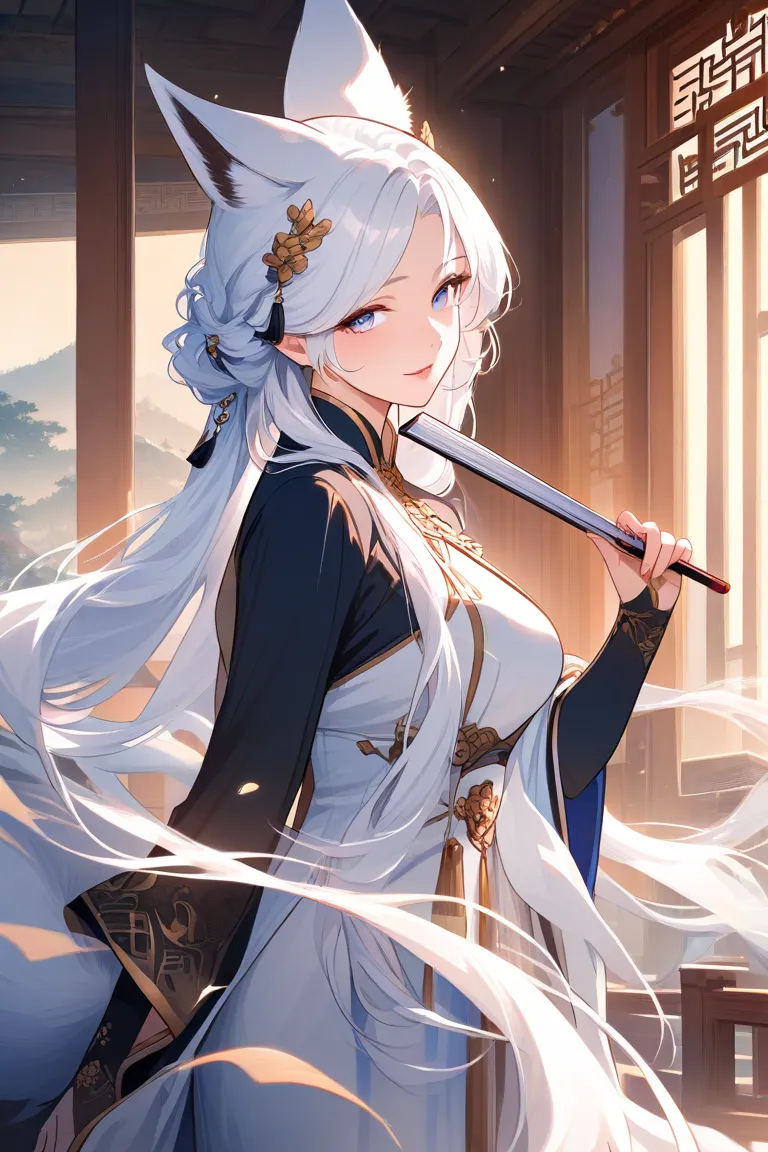 Beauty，mature，tarty，Sexy，charming ， White Long Hair，beautiful legs, wears a Chinese costume ，With fox tail and fox ears，Holding a Chinese folding fan，Chinese architecture ，2D anime