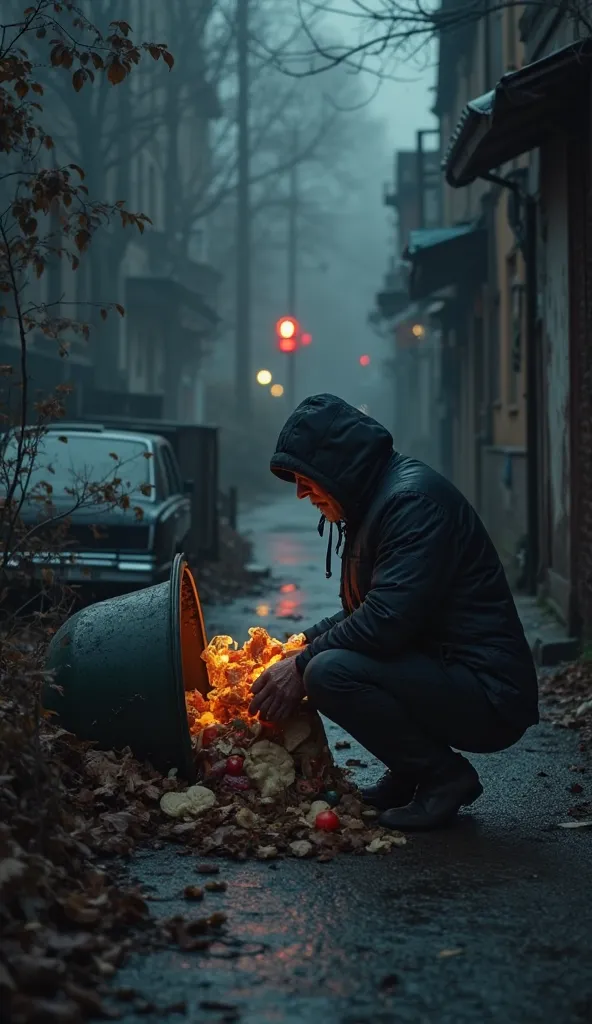 Dark scenario a homeless person looks for food in the garbage