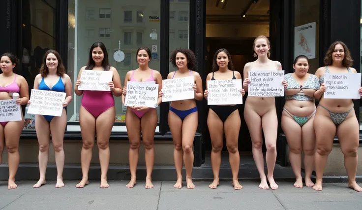 A group of diverse young adult women, positioned in a horizontal row along a city street, are protesting. They are various ethnicities, with varying body types, and are wearing swimwear and holding signs with messages related to body image and potentially ...