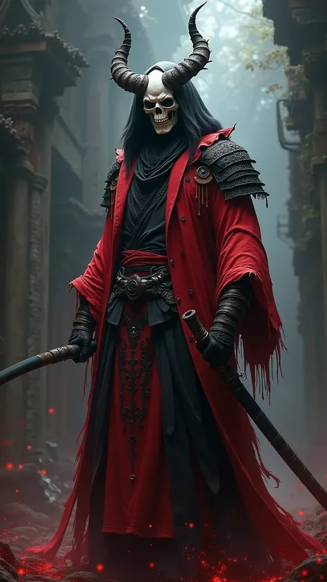  in red and black costumes,  Picture Inspired by Kano Hogai , cgsociety contest winner , Gothic art, Photo of  , demon samurai, Beautiful Male Grim Reaper, Bone Girl Skeleton Geisha,  very pretty cyberpunk samurai , Handsome Japanese Demon Boy ,  a samurai...