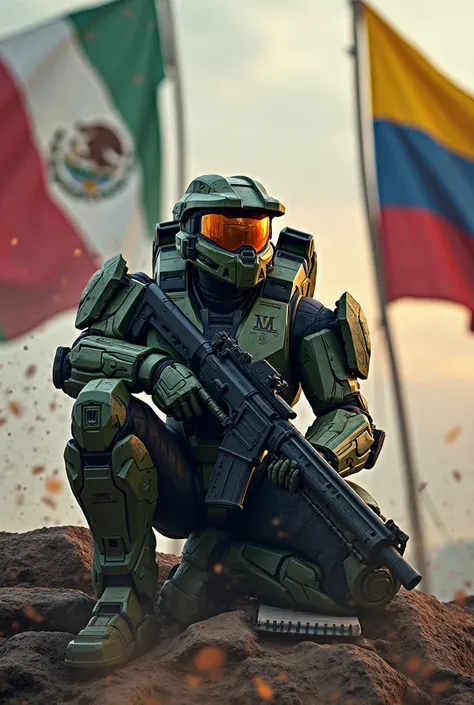 Spartan epic halo with a notebook and sitting with a battle rifle flying the flag of Mexico Colombia Brazil 