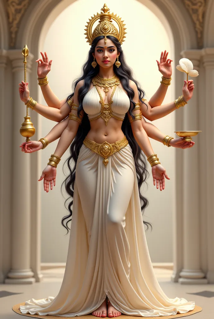 Hindu crowned Goddess saraswati standing full body naked in gold jewellery with four arms, holding a sitar