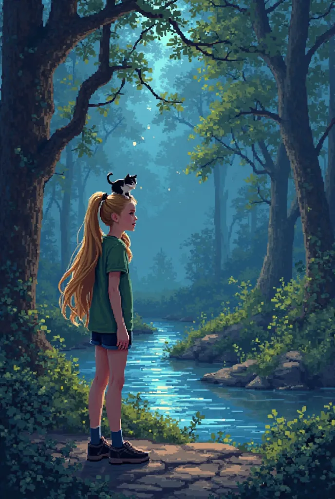 That the environment is a forest and that there is a girl in a green t-shirt with long yellow hair and a black and white cat on her back watching the river , All at night and all pixel art.