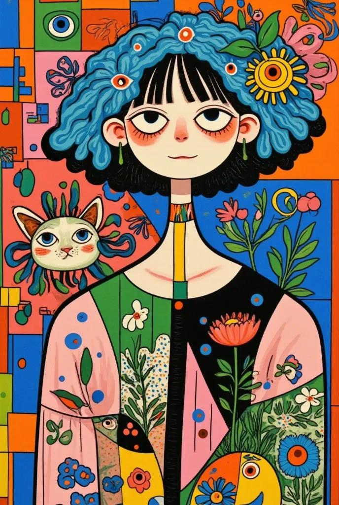 The painting ，depicts a woman with a flower head and many other colorful objects, A surrealist painting，Inspired by Takashi Murakami,  Behance contest winning work , Toyism,  art style , Alex Yanez, 流行超现实主义 art style , Paintings by Andrew Jones, Takashi Mu...