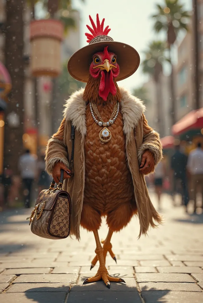 photo of a real hen walking down rodeo drive wearing a hat, fur coat, handbag, jewelry and high heels