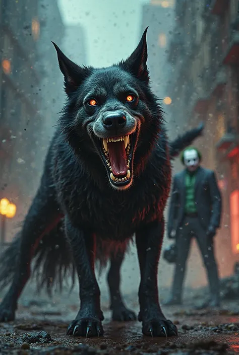 American dog Buddy Maron Gargamel demonic showing fangs In the background Gotham with the Joker 

