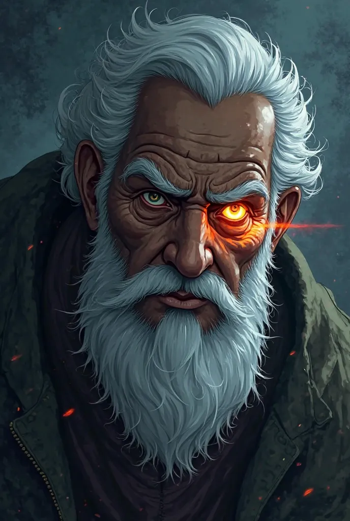 That old black man with the white beard if it were an anime with an eye of light that causes fear with a face slightly tilted down and to the right side and the eye with even more light
