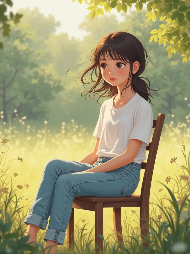 A young girl sitting on a chair in an outdoor setting, wearing a crisp white shirt and light blue denim pants. A soft breeze ruffles her hair as she looks into the distance with a serene expression. The vector art style is semi-realistic, with clean linewo...