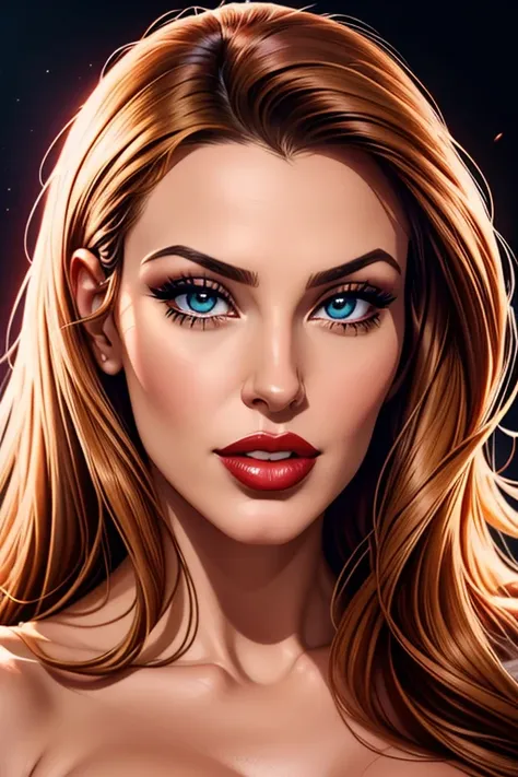 A waist-up portrait of a beautiful female whose facial features are a combination of Kylie Minogue + Kelly Brook. The female has lovely makeup on her face. The female wears red lipstick. Comic-style realism animation mixed with digital painting. Polished a...