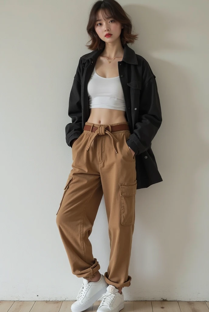 She should look similar but copyright-free, wearing combat rough mud-colored pants with a chocolate-colored belt. On top, she should wear a short tank top that girls usually wear, along with a Short black jacket with open buttons and near to navel . Her fi...