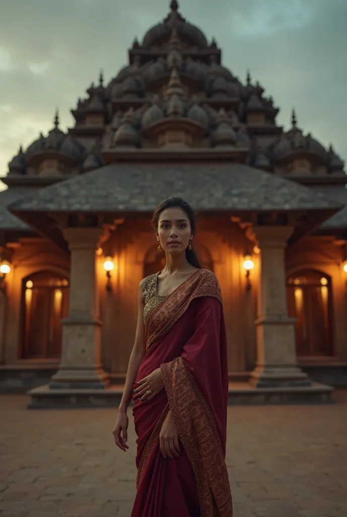 A white model stands in front of an ancient Bangladeshi temple at dusk, wearing a bold maroon and gold rice-fabric saree with a glamorous modern twist. The temple’s glowing lanterns cast a soft golden hue on her face. She poses with a sense of mysticism an...