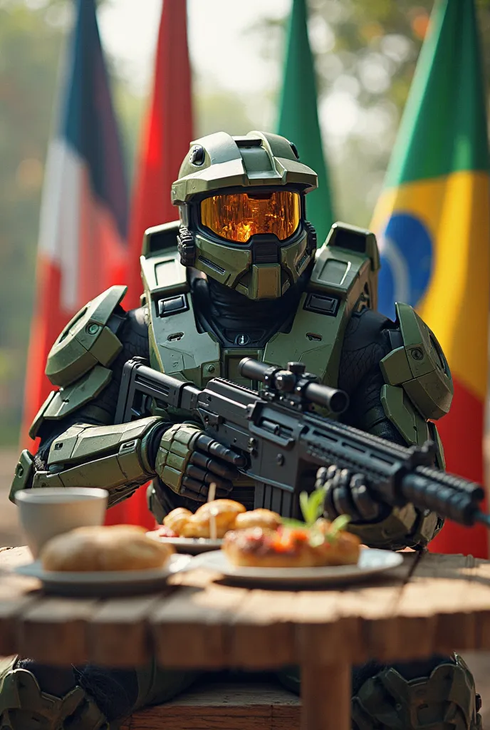 Spartan Halo having breakfast with sitting with a magnum battle gun with the flag of Mexico Colombia Brazil 