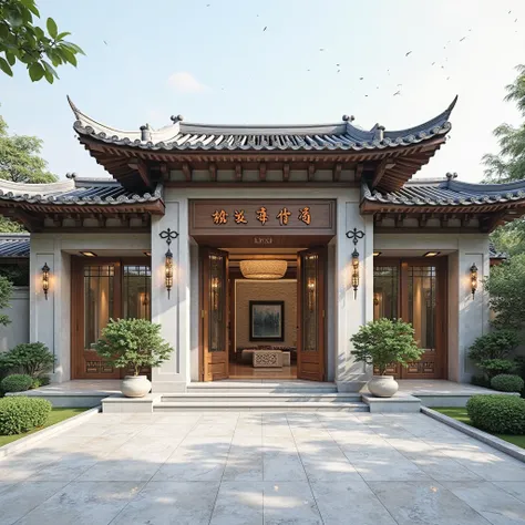 New Chinese style villa 、Single building、front、entrance doors on the left and right sides are two stories high、Large doors and windows on the left and right sides、bright light marble tiles、Simple roof top