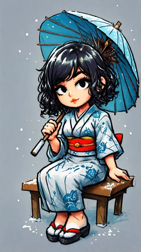 A Japanese grandma. She has short, curly black hair. She is holding a Japanese umbrella. She is wearing a dark gray Japanese kimono that reaches down to her ankles. A full-body figure drawn in the style of American comics. Super high resolution, super deta...