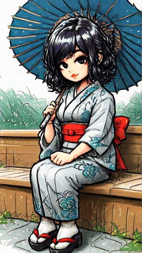 A Japanese grandma. She has short, curly black hair. She is holding a Japanese umbrella. She is wearing a dark gray Japanese kimono that reaches down to her ankles. A full-body figure drawn in the style of American comics. Super high resolution, super deta...