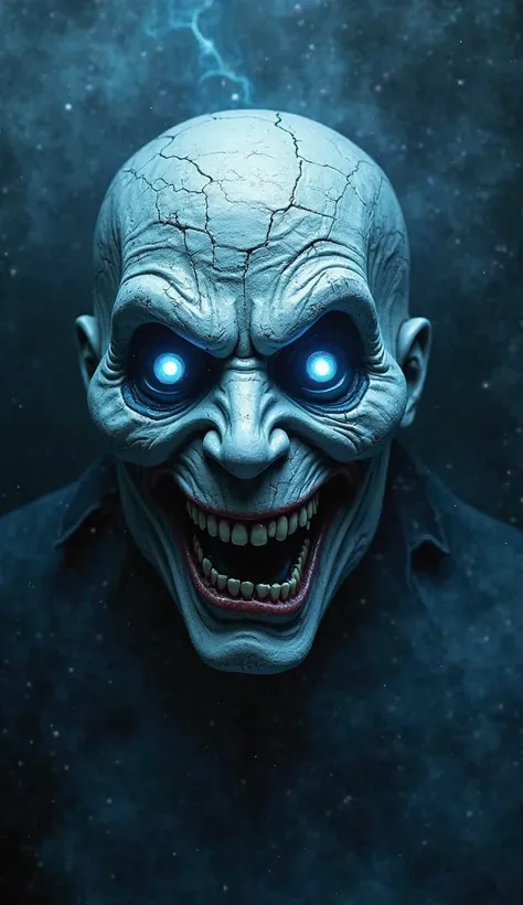 A terrifying horror mask with a chilling, twisted face in shades of blue and white. The mask is cracked and aged, with sharp, angular features that give it an unsettling expression. Its eyes are hollow, glowing faintly in icy blue, and the mouth is twisted...