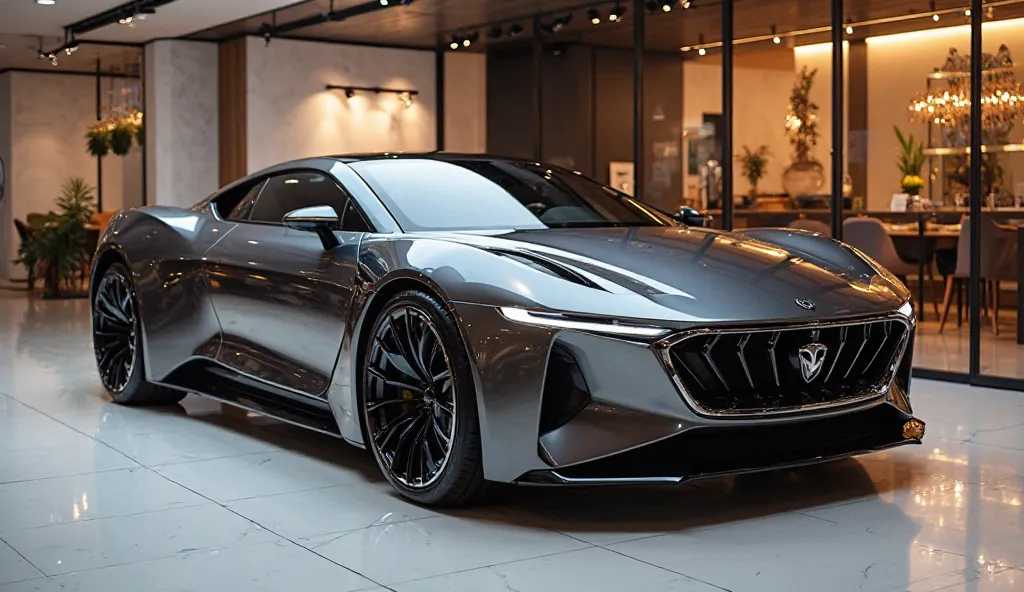 A captivating image of a (2025 redefining practicality) taking center stage in a luxurious , showroom. The futuristic, vibrant (charcoal)exterior gleams, showcasing its sleek, aerody namic design and bold accents. The (frant side)  highlights the cutting-e...