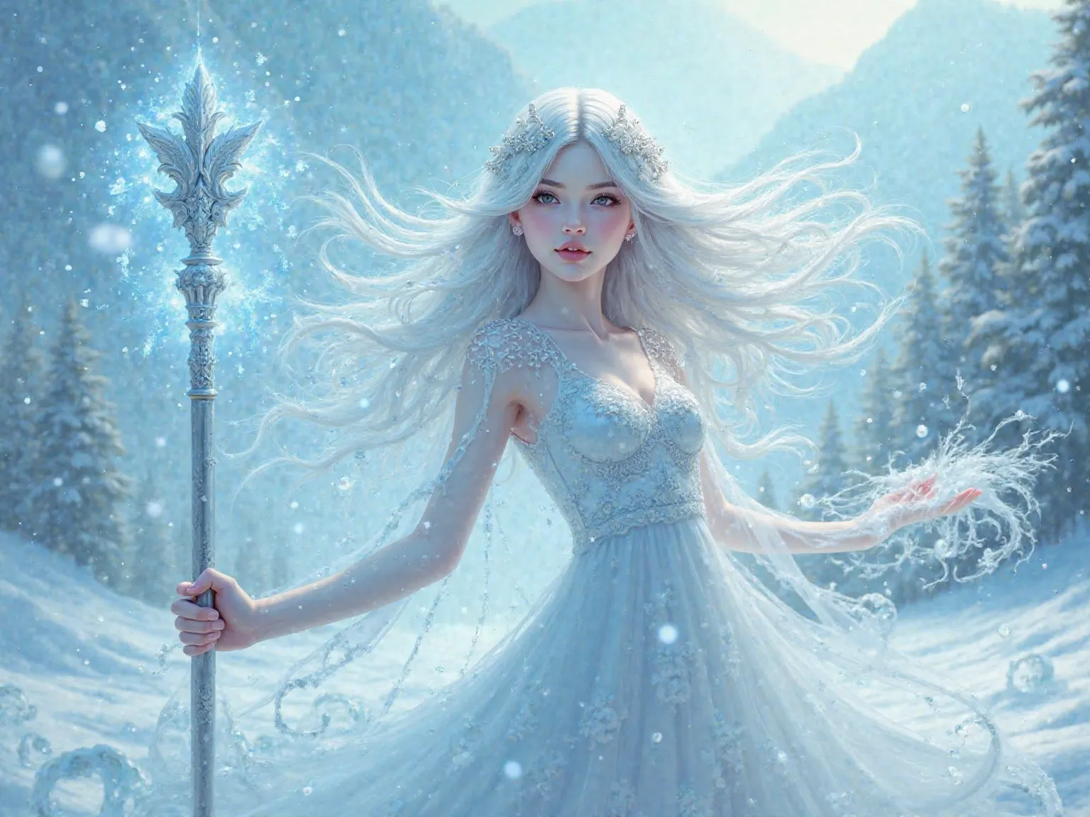 A beautiful girl with silver hair is holding a cane and trying to use ice magic