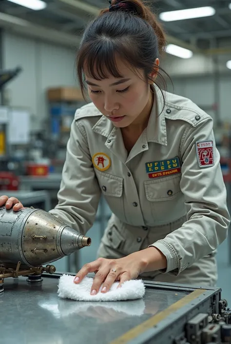 Woman holding small rocket scouring white cloth