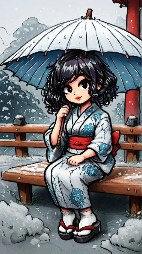 A Japanese grandma. She has short, curly black hair. She is holding a Japanese umbrella. She is wearing a dark gray Japanese kimono that reaches down to her ankles. A full-body figure drawn in the style of American comics. Super high resolution, super deta...