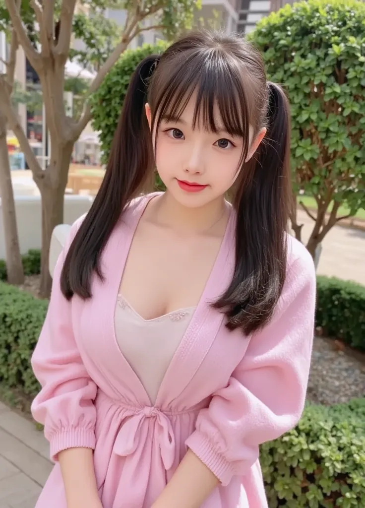 (enormous clothed breasts: 1.3), (long dark hair: 1) (cleavage: 1.3), (extremely soft: 1.3), (little  girl: 1.3), (11-years-old girl: 1.3), (petite), (skirt), (cute top: 1.2), (loose-fitting clothes: 1.2), (comfort), (in a japanese garden), (twintails hair...