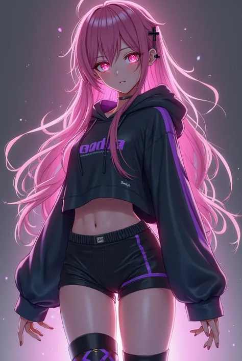 Anime Femboy, Boy, long Hair Falling Over Eye Black, pink eyes, feminine appearance, black cross earrings, Piercing in the corner of the lip, black choker, black and purple hooded sweatshirt with belly showing, long black gloves, black shorts with a purple...