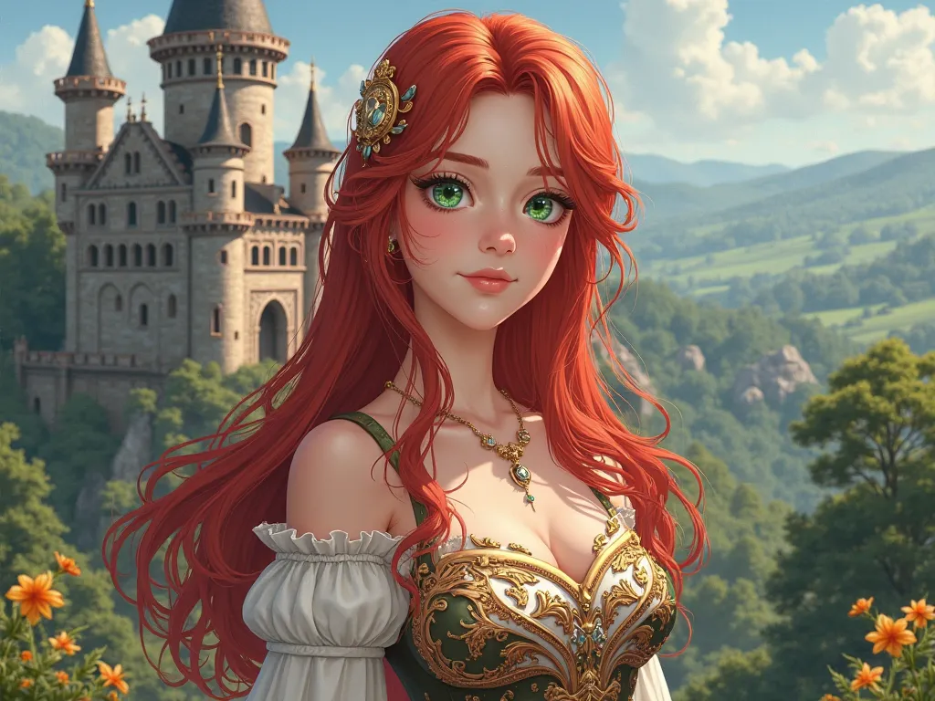 Red-haired princess realistic medieval anime style 