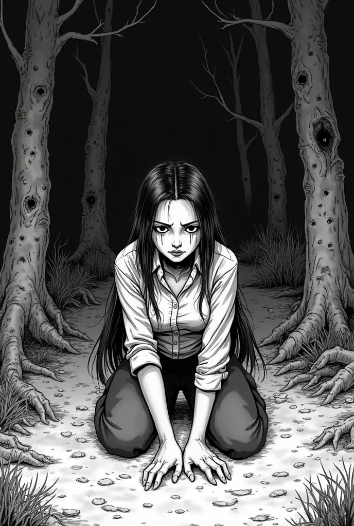 Dinner manga,  Black and white, long-haired woman with knees bent on the dirt floor, wearing pants and blouse,with black body veins ,looking forward in anger and pain,  crying,  forest, dark power, anime style, action 