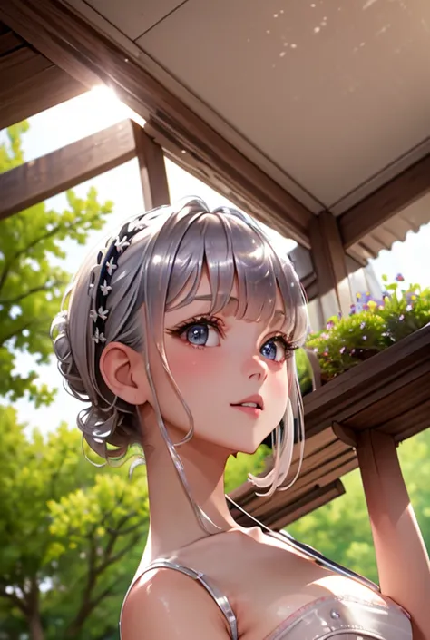 dutch angle from below, a  young mother,  (cumulonimbus cloud), perfrect body, top updo  silver hair , pointy nipples, glistening skin, detailed perfect face