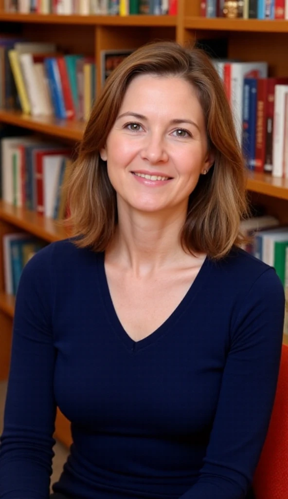 A woman in her late 50s with light brown hair sits in front of a large bookshelf filled with colorful books. She wears a navy blue top and has a confident yet relaxed expression, looking directly at the camera. The books in the background suggest a library...