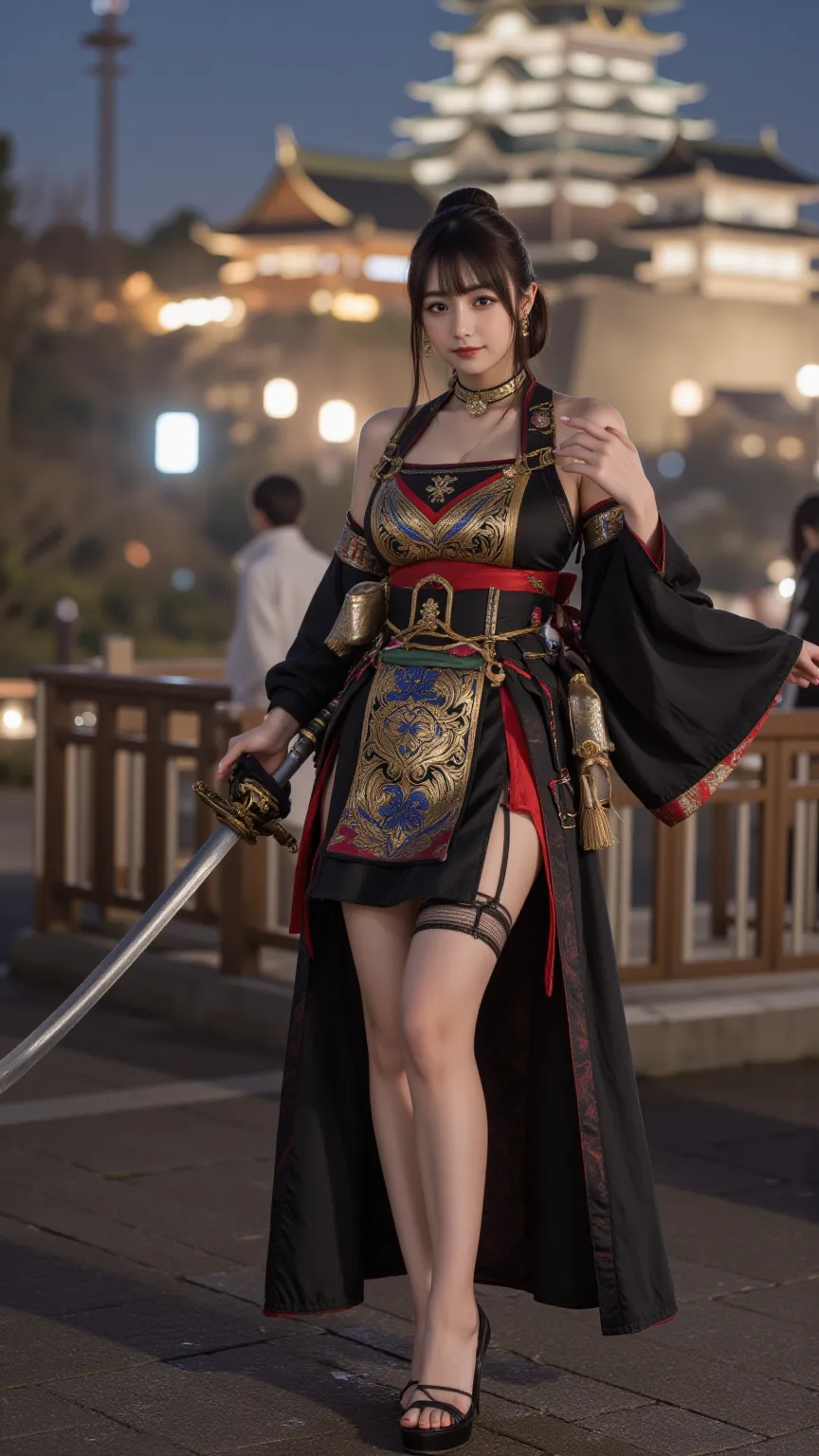  top quality,Photogenic Clarity,8K ultra-high resolution,Best Picture Quality、 masterpiece,   very detailed skin  ,  Detailed Clothing Characteristics ,   high definition model , There is a large Japanese castle in the background,Edo Castle Town illuminate...