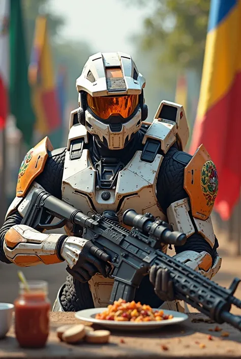 Spartan Halo having breakfast with sitting with a magnum battle gun with the flag of Mexico Colombia Brazil , The white and orange armor