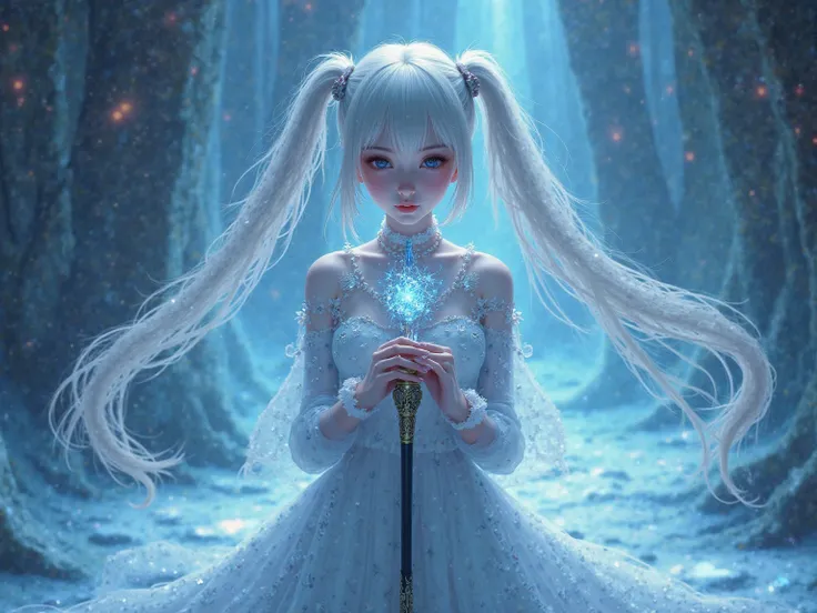 A beautiful girl with silver hair and twin tails is holding a cane and trying to use ice magic