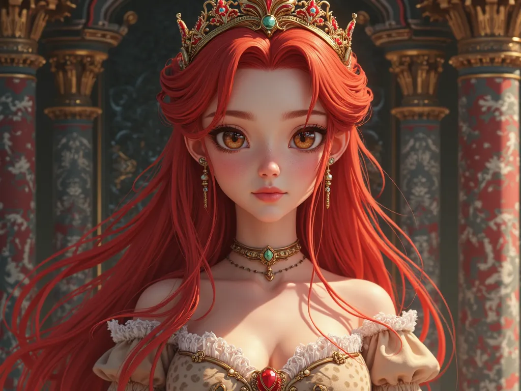 Face: Princess, red hair, realistic medieval anime style 