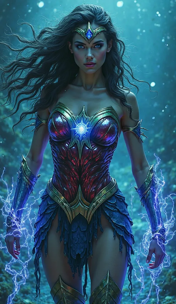 Abyssal Wonder Woman — A mystical and terrifying version of the heroine, coming from the depths of the ocean. Her armor is made of shiny scales that reflect shades of blue, bioluminescent green and purple. Her eyes shine like those of an abyssal creature, ...