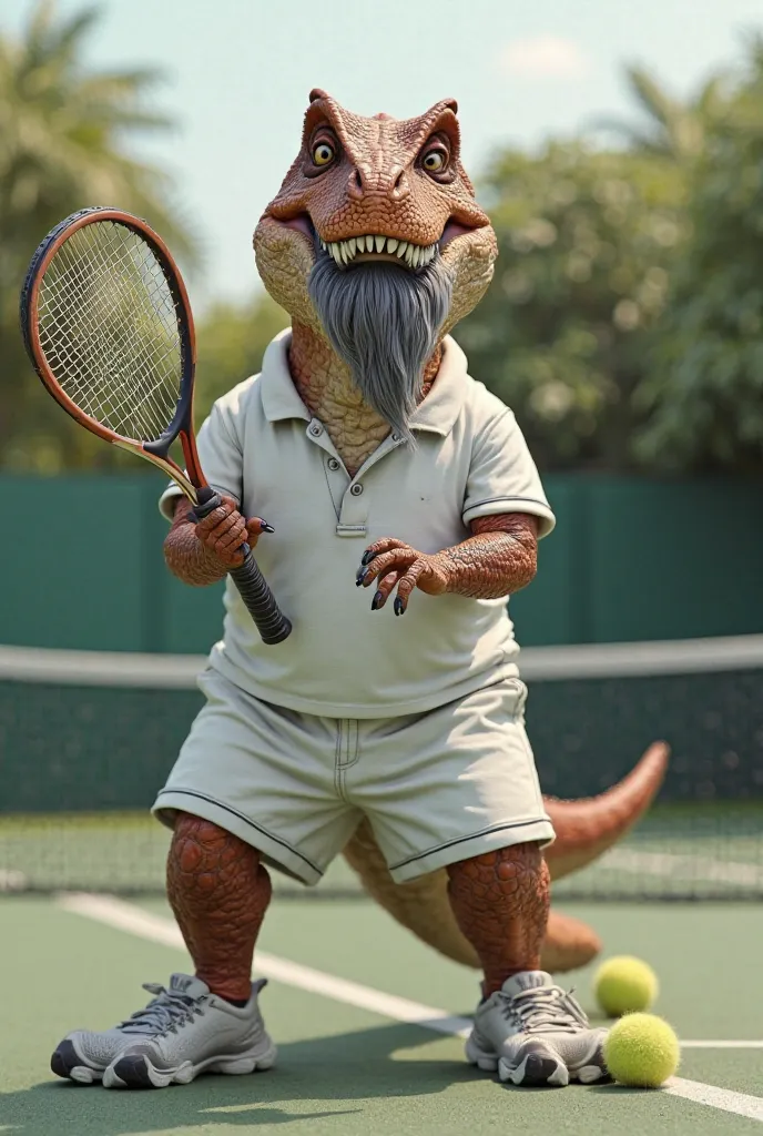 T rex with tennis racket and clothes on working on the court also with a gray beard 