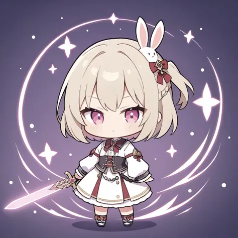 Chibi-Chara: 1.2, light beige short bob, one side up partially braided hairstyle, one beautiful girl age, thin face, narrow eyes, pink eyes, chibi-character, very grumpy expression, white rabbit-like outfit: 1.2, This Japanese anime style chibi-character, ...