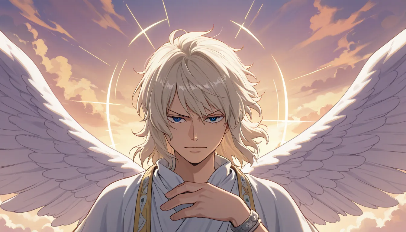 male, fair skin with celestial touches, short wavy platinum blonde hair, intense blue eyes, thin and arched eyebrows, face with delicate and ethereal features, dreamy gaze and serene expression, light clothing with details inspired by clouds and wings, sil...