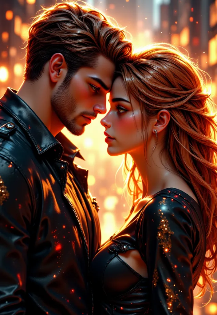 (extremely detailed, bright glow red-gold-black colors Bright triadic colors For the cover of a passionate romance, Professional photo, cool brutal cheeky massive 35-year-old man in a leather jacket looks at the camera, and a red-haired woman flirts,   dou...