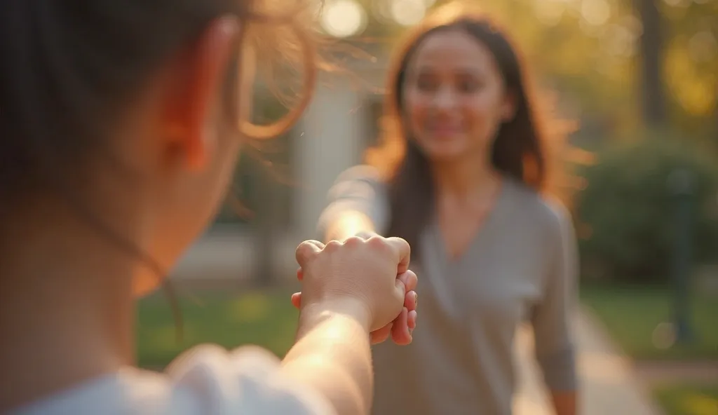 An ultra-realistic, nostalgic scene set in the 90s, filmed in first-person POV. The image shows a small, delicate hand gripping the hand of a caring mother. The , whose perspective we see, is slightly behind as the mother walks ahead but turns her head ful...