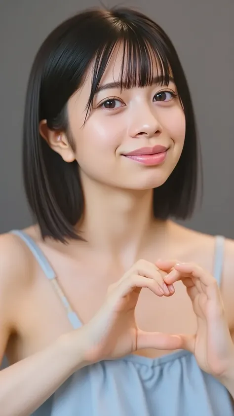 She is wearing a camisole, I make a heart shape with both hands , And then pose in front of her chest, Close-up shot of a smiling face winking and smiling