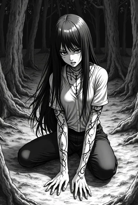 Dinner manga,  Black and white, long-haired woman with knees bent on the dirt floor, wearing pants and blouse, with black body veins ,looking forward in anger and pain,  crying,  forest, dark power, anime style, action 