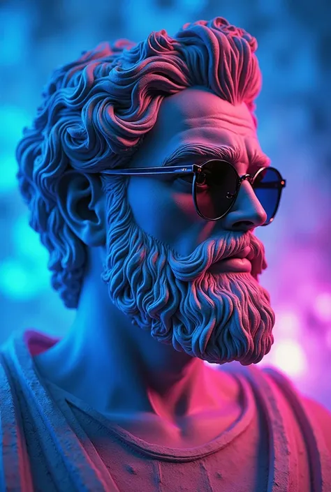 Statue of a Greek male head,  with sunglasses, a good haircut and beard, pop art style with vibrant lights on the blue and purple background 